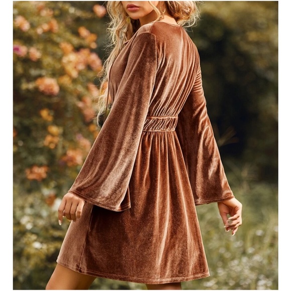 Boho Velvet Bell Sleeve Mini Dress - Picture 2 of 6